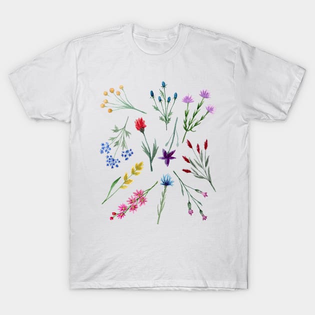 Watercolor Wildflowers Pattern T-Shirt by Whimsical Frank